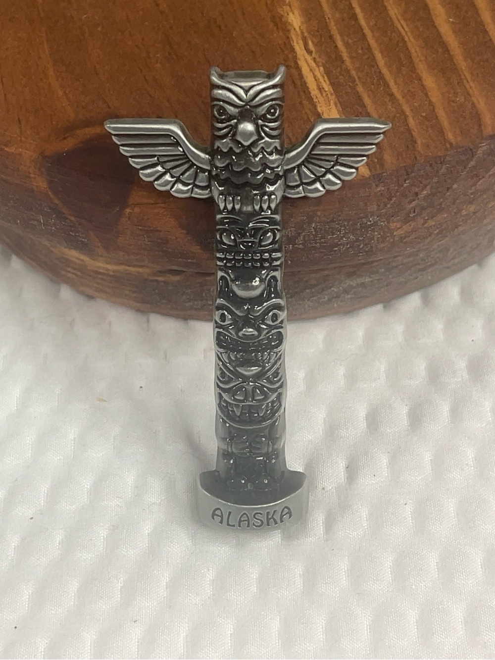 Alaska Totem Pole Metal Souvenir Standing Figurine - Silver Tone